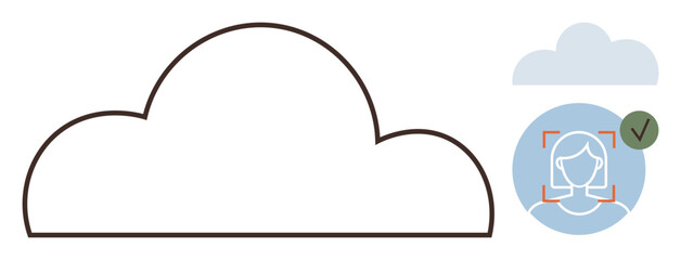 Minimalistic cloud outline with a facial recognition icon highlighting security. Ideal for technology, data privacy, cloud computing, cybersecurity, identity verification, AI, and authentication