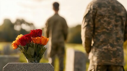 Families placing flowers on soldiers graves, honoring veterans in remembrance
