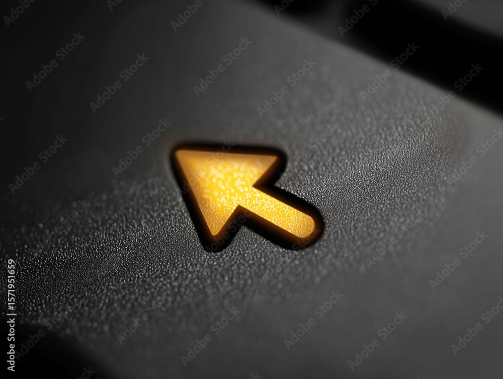 Poster mouse cursor symbol glowing on computer keyboard surface at close range