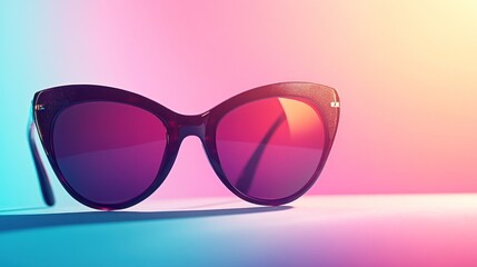 Stylish cat-eye sunglasses with dark purple lenses, displayed against a vibrant, colorful backdrop