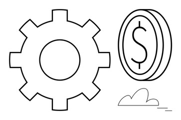 Gear representing operation efficiency paired with a dollar coin signifies industry, finance, and development. Ideal for business, economy, innovation, strategy, productivity, engineering