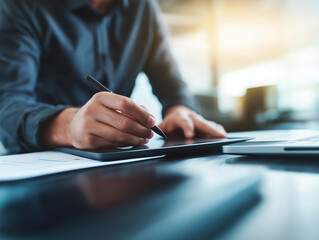 Professional working on tablet in modern office setting during the morning hours