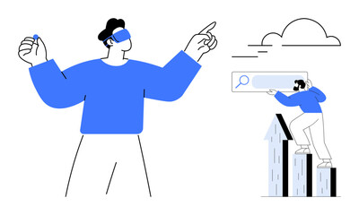 Person wearing VR headset engaging with virtual environment while another climbs bars to reach search field. Ideal for technology, innovation, future, data, research, growth, user interaction. Simple