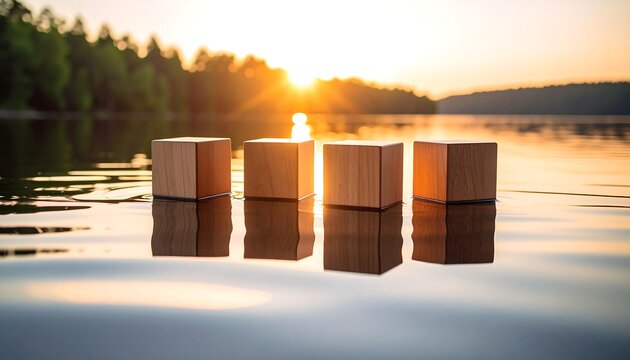 Four wooden blocks float on water at sunrise - Powered by Adobe