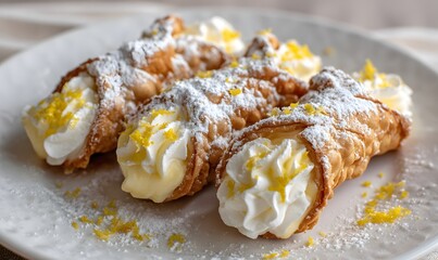 Cannoli shells, mascarpone cheese, lemon zest, powdered sugar, heavy cream, Generative AI