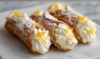 Cannoli shells, mascarpone cheese, lemon zest, powdered sugar, heavy cream, Generative AI
