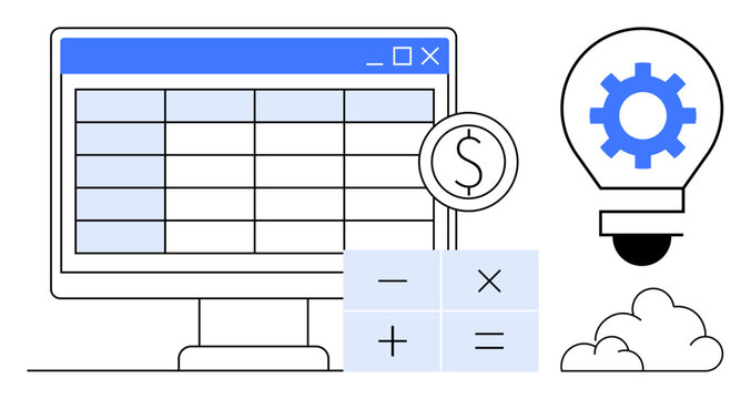 Table on computer screen with dollar coin, four simple math operators, light bulb with gear. Ideal for finance, budgeting, innovation, analytics, management technology productivity. Simple flat