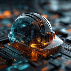 Futuristic cybernetic hard hat on computer motherboard, 3D render of cyber architecture and tech helmet, intricate circuitry

