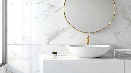 Modern minimalist bathroom with white marble tiles, round mirror, and white vessel sink