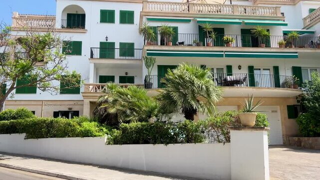 Palma de Majorca, Spain - July 7, 2025: Santa Ponsa tourist resort. View showing hotels along Santa Ponsa coastline. Architectural buildings on Balearic Island. Apartments, Houses on the coast