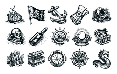 A set of 15 hand-drawn vintage pirate & nautical icons—shipwreck, skull flag, anchor, map, diving helmet, bottle message, ship’s wheel, compass, treasure & more. Great for sea-themed designs