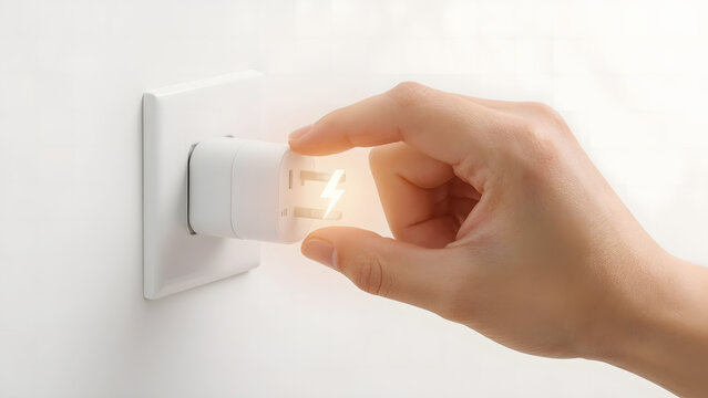 A hand inserting a plug into a white electrical outlet, showcasing a bright lightbulb effect.