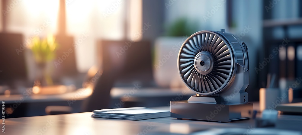 Poster compact hydroelectric turbine generator displayed on a modern desk with defocused background and amp
