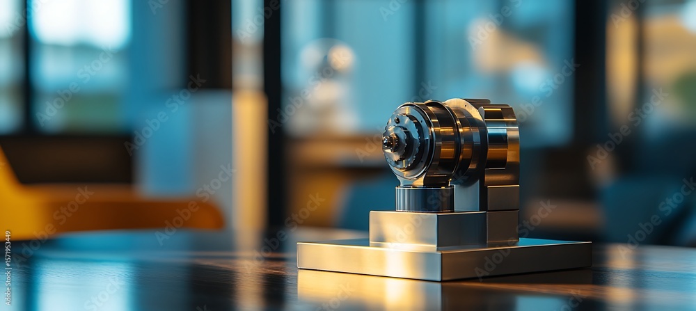 Poster compact hydroelectric turbine generator displayed on a modern desk with defocused background and amp
