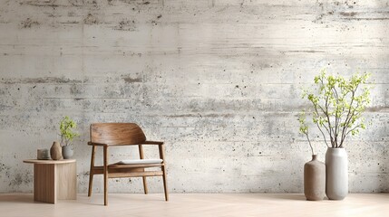 Minimalist Interior Scene With Wooden Armchair And Vases Against Textured Wall