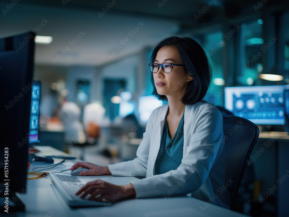 Aufkleber research scientist working late in a modern laboratory analyzing data
