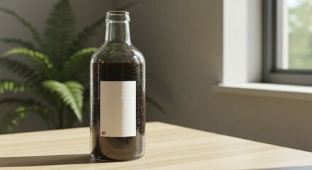 Clear Glass Bottle with Dark Liquid and Label on Wooden Table