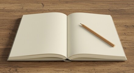 An open notebook with a pencil on a wooden desk, placed off-center with copy space