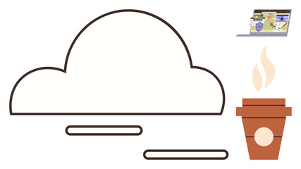 Cloud with rectangular lines, steaming coffee cup, and open laptop. Ideal for remote work, productivity, technology, cloud storage, networking relaxation online collaboration. Simple flat metaphor