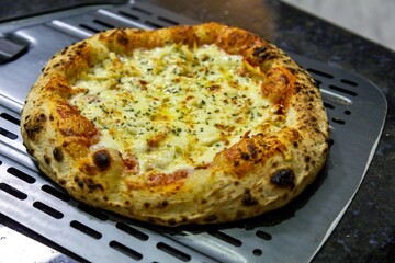 The best pizza in the world, chicken pizza with creamy catupiry cheese. Traditional Brazilian pizza
