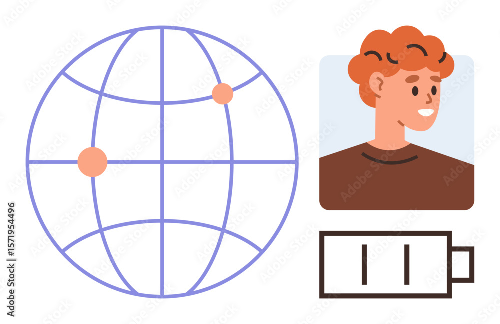 Poster globe representing global connection, user avatar symbolizing profile presence, and battery level de