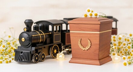 Wooden train model beside wooden urn with floral decorations  
