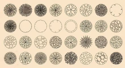 Black-Outlined Circular Tree and Shrubbery Shapes: A Digital Collection of 24 Unique Top-Down Views with Varied Foliage and Organic Patterns
