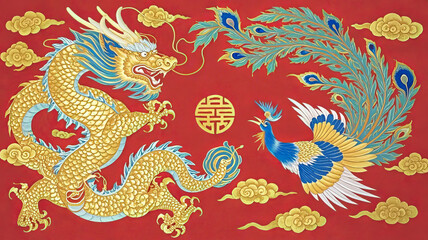 Festive illustration of a Dragon and Phoenix bringing prosperity for a traditional Chinese festival