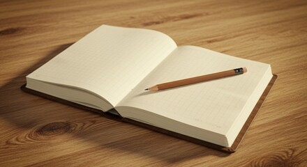 An open notebook with a pencil on a wooden desk, placed off-center with copy space
