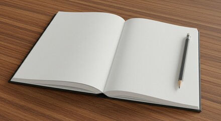 An open notebook with a pencil on a wooden desk, placed off-center with copy space