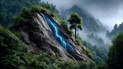 A mysterious electric-blue streak flickering as it moves down a shadowy forested mountain ridge.