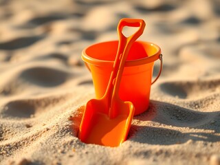 orange plastic shovel and bucket on the beach