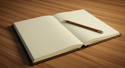 An open notebook with a pencil on a wooden desk, placed off-center with copy space