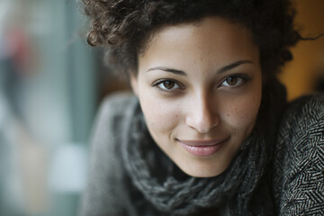 Close Smiling Mixed Race Woman's Close-up Portrait with Curly Hair