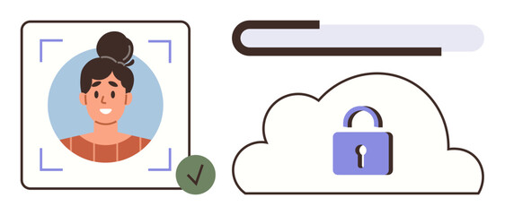 Persons photo scanned with approval checkmark, progress bar, and secure cloud with padlock. Ideal for security, privacy, identity, authentication, technology access cloud safety. Simple flat
