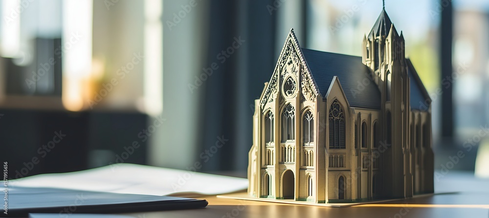 Poster classic architecture university model on office desk with defocused background and side area reserve