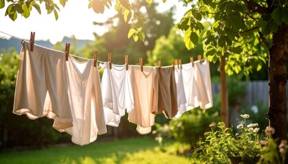 Freshly laundered clothes hanging on a clothesline in a sunny garden