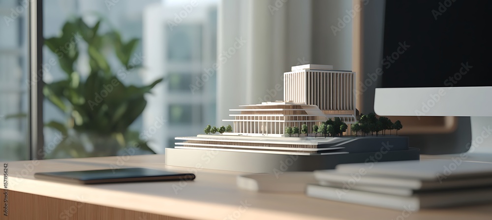 Poster modern office scene showcasing an intricately crafted central library building model on a desk with 