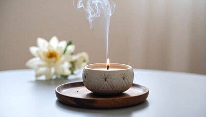 Scented candle with smoke rising, beside white lilies