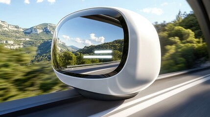 Naklejka premium Futuristic car side-view mirror reflecting a scenic road trip