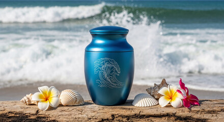 blue cremation urn with surfer riding a wave on a driftwood log at the beach. Seashells and tropical flowers surround it