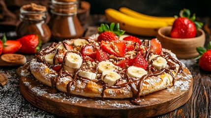 Indulgent homemade dessert pizza topped with a rich Nutella spread fresh sliced strawberries and bananas and a sweet crisp crust