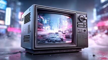 Vintage television display of dynamic urban scene futuristic nighttime cityscape art