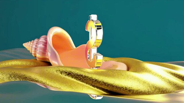 A glowing conch shell with a crystalline dollar sign ($) slowly spinning inside, ocean waves made of glittering gold washing underneath, high-def macro fantasy, NFT treasure loop