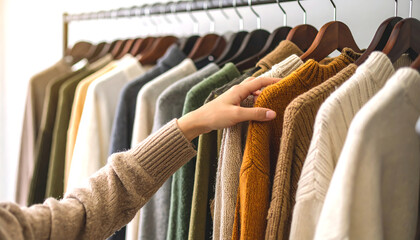 Stylish woman browsing her wardrobe of cozy sweaters, thoughtfully choosing what to wear for a relaxing autumn day.