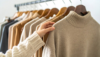 Woman shops for comfortable and stylish sweaters in neutral colors, ideal for the fall and winter seasons at a clothing store.