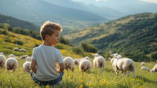 A young boy walks beside a flock of sheep in a mountain meadow, capturing a peaceful and pastoral rural moment.
