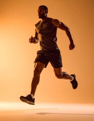 Man Running in Motion on Warm Background for Fitness Concept