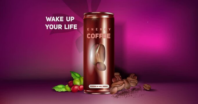 Black coffee ad design. Moving advertising banner with aluminum can of energy coffee drink with natural cocoa extract and coffee beans. Poster for advertising. Realistic 3D animated graphic