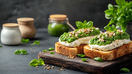 Delightful crispy toast layered with a smooth and flavorful green tea custard garnished with aromatic fresh herbs for a modern and elevated culinary experience